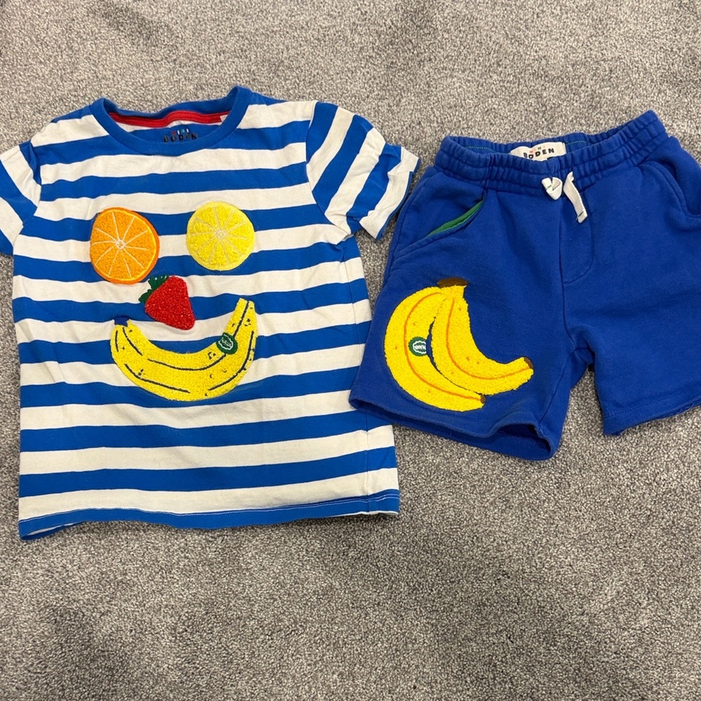 Mini Boden Blue & White Striped Fruit Face Tee with Royal Blue Banana Shorts